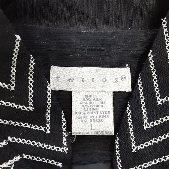 Vintage 90s Silk Blend Blazer Jacket Embroidered Floral Black Mandarin Collar L - Picture 5 of 10